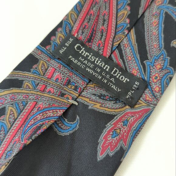 Christian Dior Necktie 100% Silk Made in USA Multi Color Blue Black Red Paisley - Picture 2 of 7